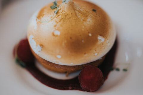 Dessert - Torched Lemon Meringue Pie, Gold Dome, Madeline Base, Coulis Torched Lemon Meringue Pie